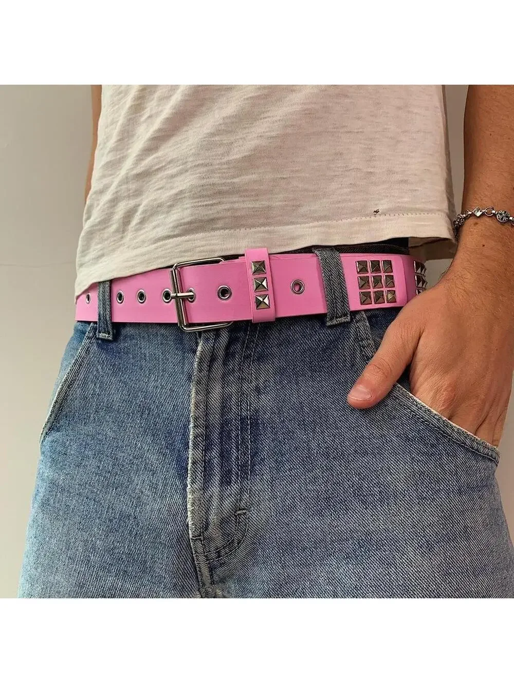 Y2k 2000s style Pink leather with silver studded bel . 39 inches length. Comes n